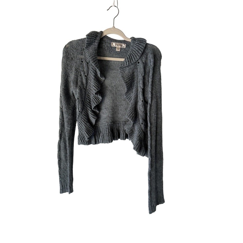 Decree Sweater Y2k XL Gray Metallic‎ Ruffle Open Cardigan Knit Cropped Soft